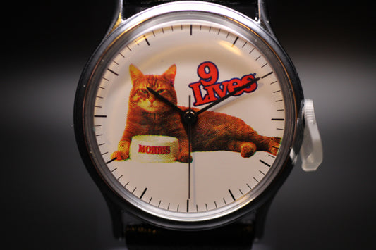 1986 Timex Q "Morris the Cat 9 Lives Cat Food" Quartz Advertising Watch (New Old Stock)
