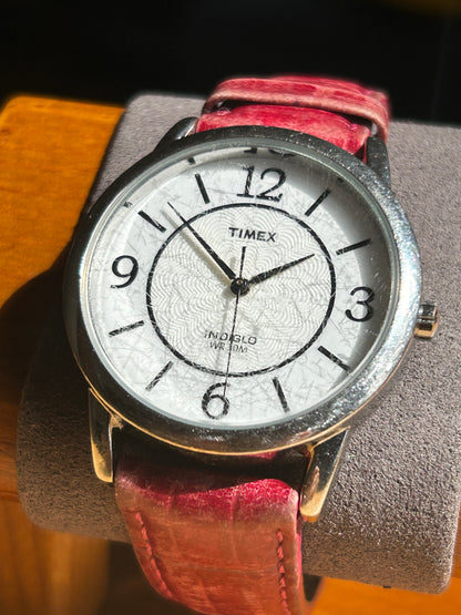 2011 Timex Indiglo White Dial Patterned Crystal Red Leather Strap Quartz Watch