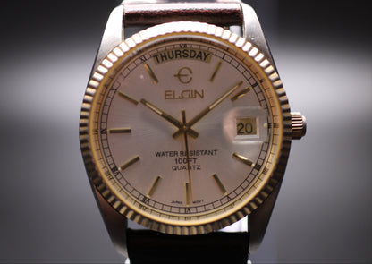 1990s Elgin Presidential DayDate Fluted Bezel Quartz Watch Ref. FC-12