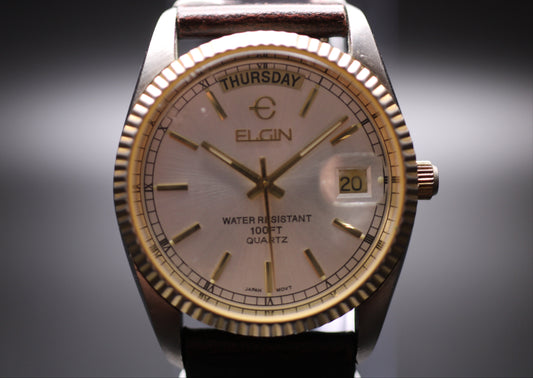 1990s Elgin Presidential DayDate Fluted Bezel Quartz Watch Ref. FC-12