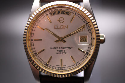 1990s Elgin Presidential DayDate Fluted Bezel Quartz Watch Ref. FC-12