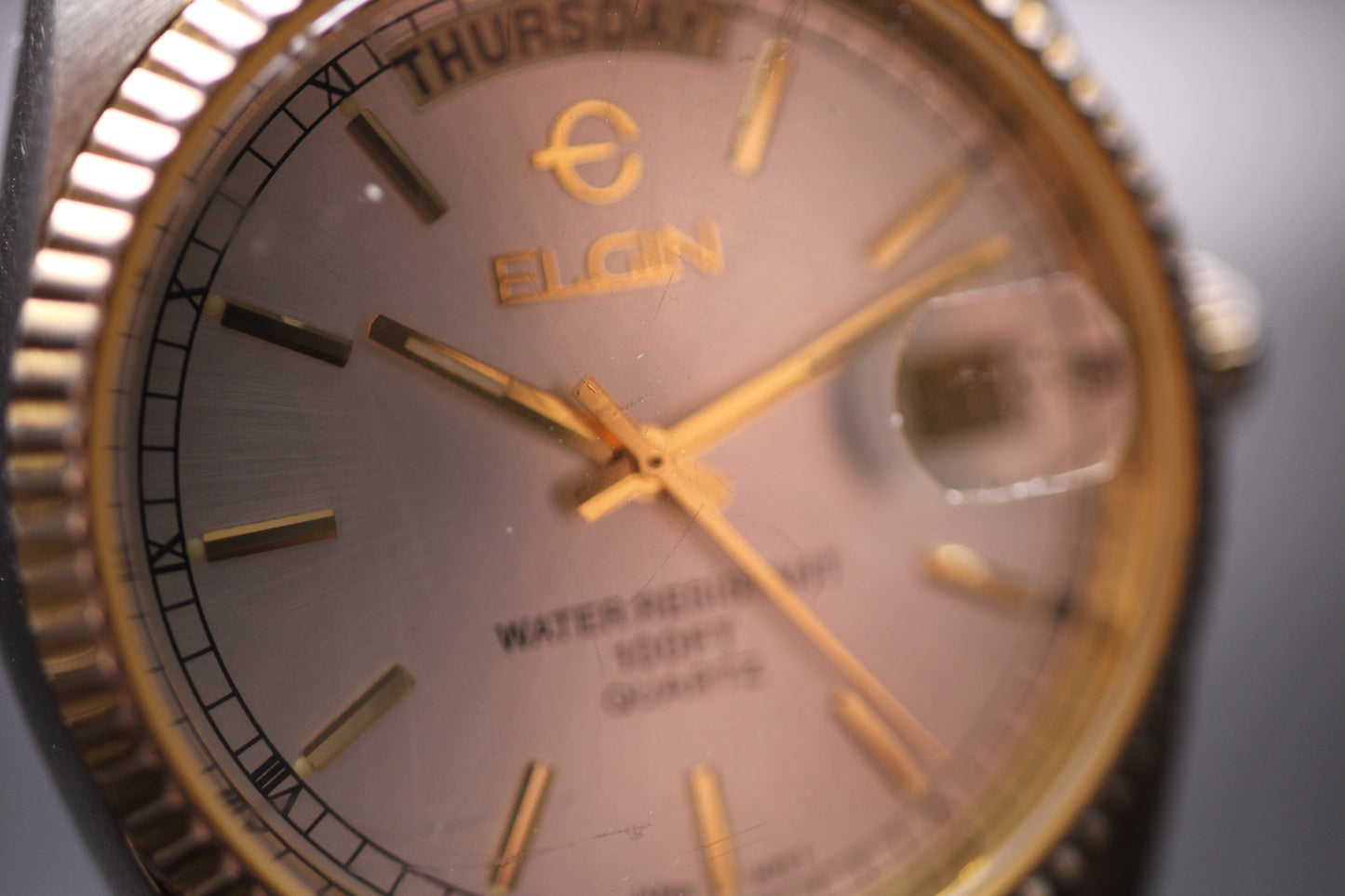 1990s Elgin Presidential DayDate Fluted Bezel Quartz Watch Ref. FC-12