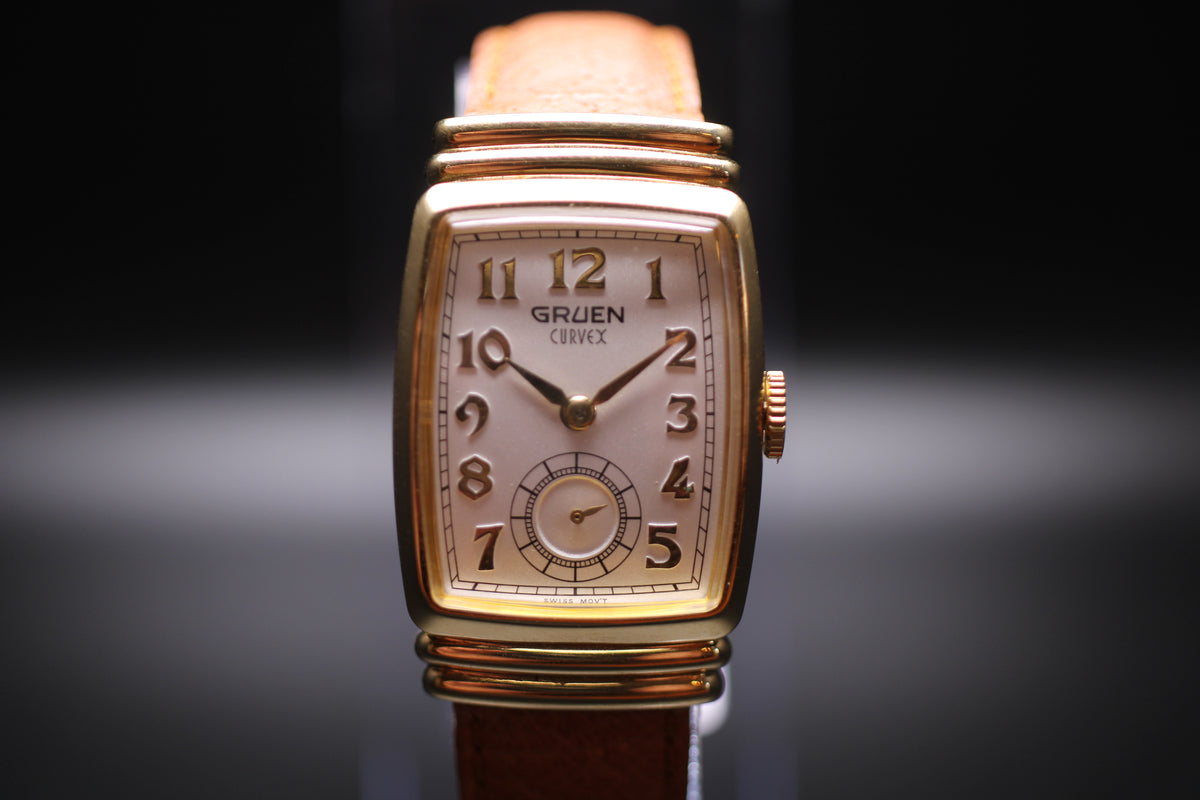 1990s Gruen Curvex Re-issue 10 Micron Gold Plating Small Seconds Tank / Tonneau Case Quartz Watch
