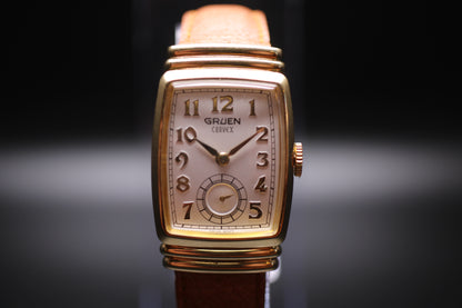 1990s Gruen Curvex Re-issue 10 Micron Gold Plating Small Seconds Tank / Tonneau Case Quartz Watch
