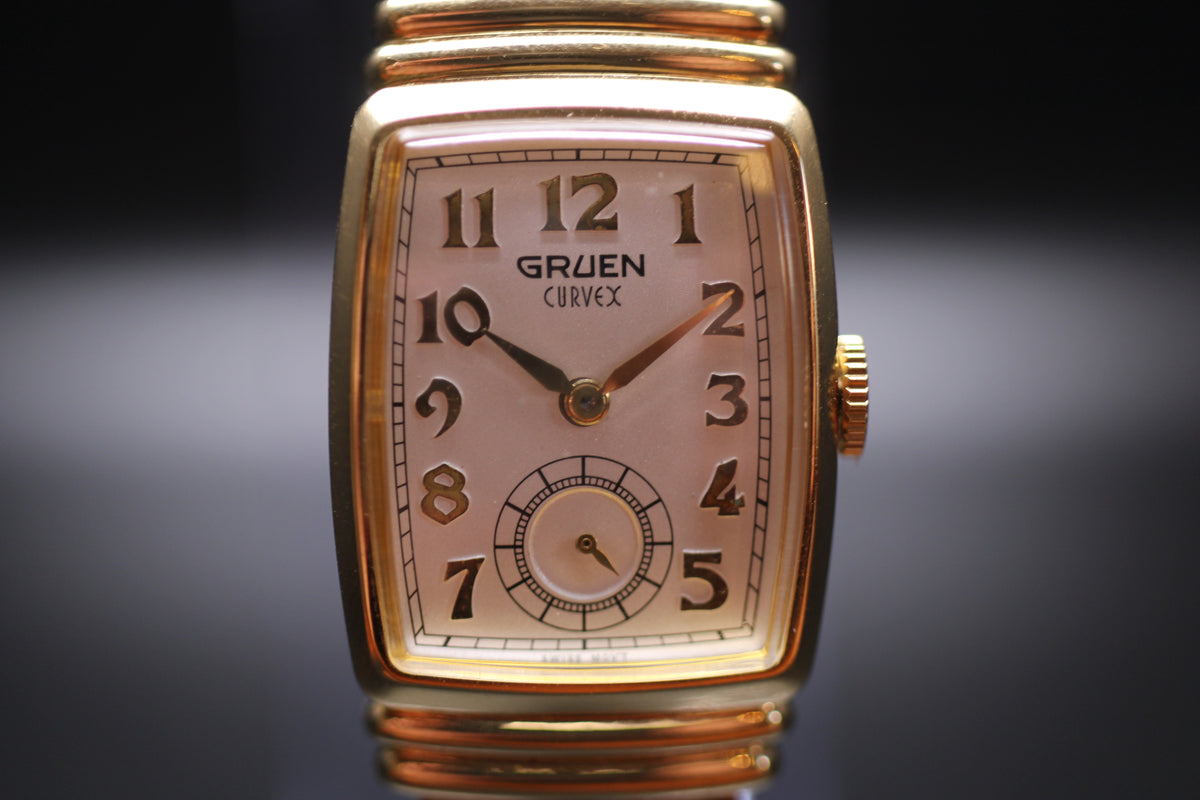 1990s Gruen Curvex Re-issue 10 Micron Gold Plating Small Seconds Tank / Tonneau Case Quartz Watch