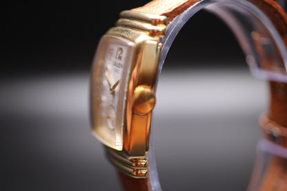 1990s Gruen Curvex Re-issue 10 Micron Gold Plating Small Seconds Tank / Tonneau Case Quartz Watch