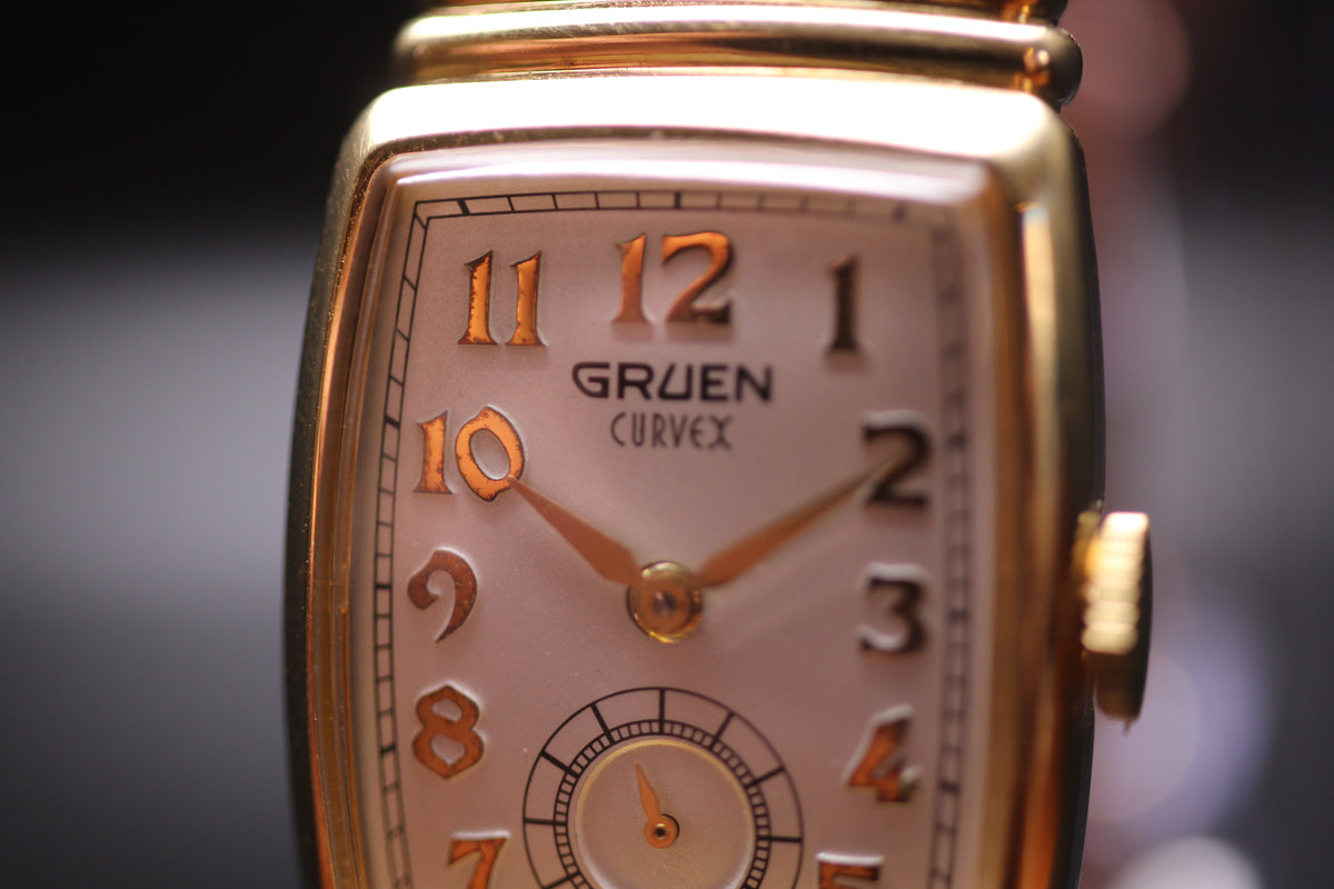 1990s Gruen Curvex Re-issue 10 Micron Gold Plating Small Seconds Tank / Tonneau Case Quartz Watch
