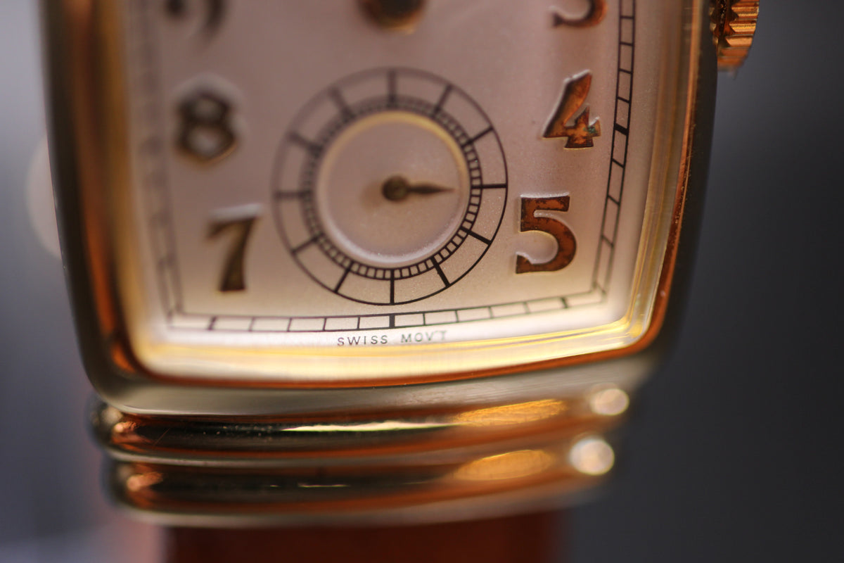 1990s Gruen Curvex Re-issue 10 Micron Gold Plating Small Seconds Tank / Tonneau Case Quartz Watch