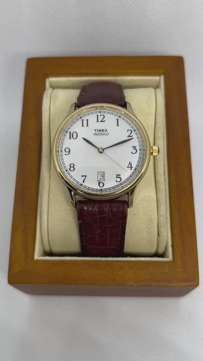 1995 Timex Date Window Gold Case White Indiglo Dial Quartz Watch